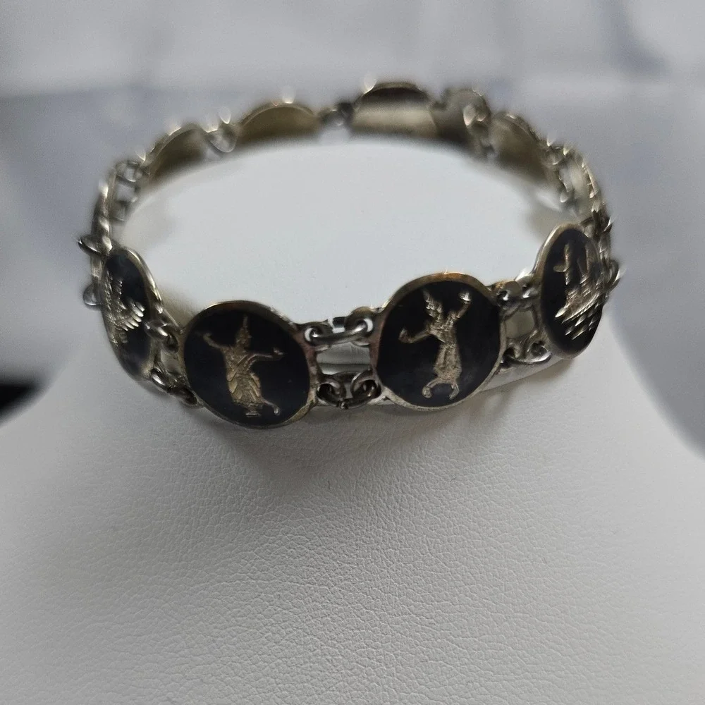 Vintage Siam Sterling Silver Niello‎ Link Bracelet Thai Goddess 7 Inch 10.4g